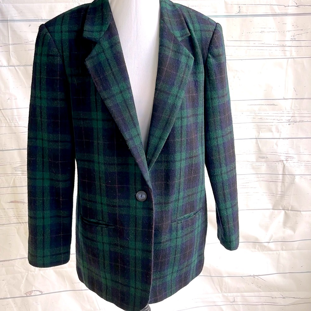 Savannah wool blazer green and navy tartan plaid size 12 women’s